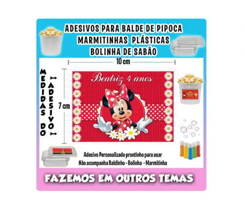 Rótulo Adesivo Balde Pipoca Bolinha Sabão Marmitinha Minnie