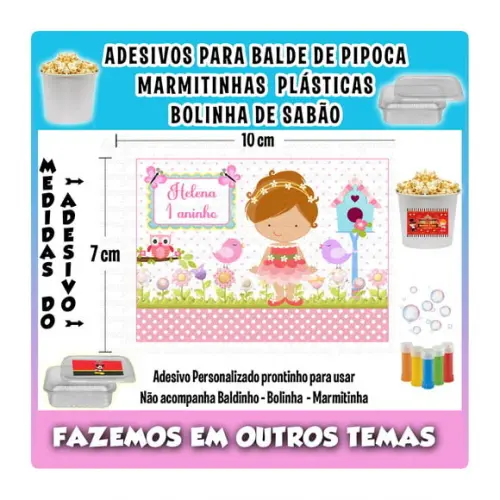 Adesivo Balde Pipoca, Bolinha Sabão Jardim Encantado Fada