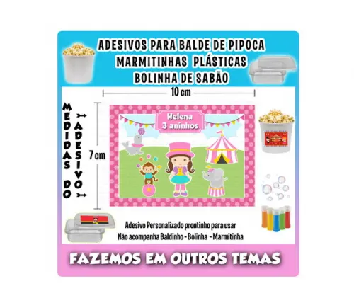 Adesivo Circo Rosa Balde Pipoca Bolinha Sabão e Marmitinhas