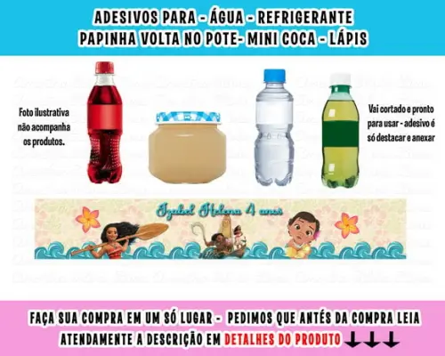 Adesivos Água, Refrigerante, Papinha, Caçulinha Moana