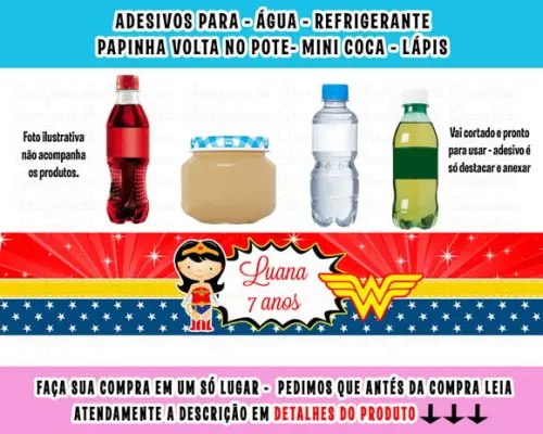 Adesivo Água, Refrigerante, Papinha, Caçula Mulher Maravilha