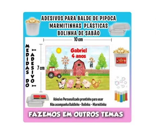 Adesivo Balde de Pipoca, Bolinha Sabão Fazendinha Aquarela