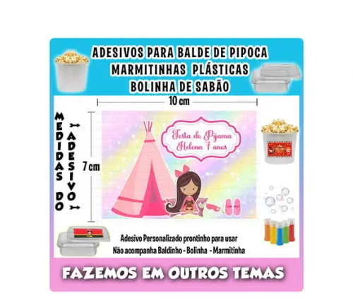 Adesivo Balde Pipoca, Bolinha Sabão Festa do Pijama