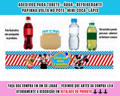 Rótulos Adesivos para Água Refrigerante Papinha Mickey Circo