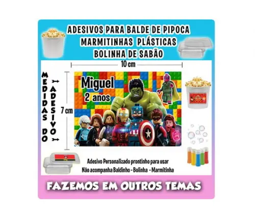 Adesivos Lego Vingadores para Balde Pipoca Bolinha Sabão