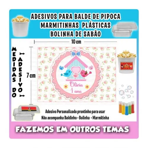 Adesivo Balde Pipoca, Bolinha Sabão Jardim Passarinho Fada