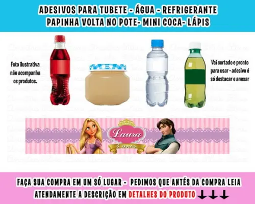 Adesivos para Água Refrigerante Papinha Rapunzel Enrolados