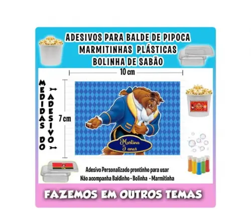 Adesivo a Bela e a Fera Balde Pipoca Bolinha Sabão Marmitas
