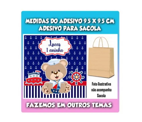 Adesivo Sacolinha Surpresa Kraft Urso Marinheiro