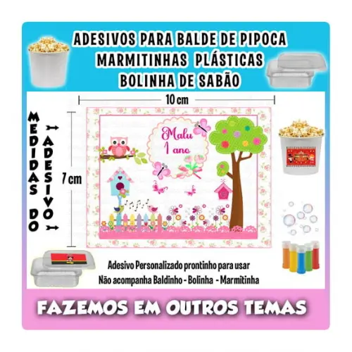Adesivo Balde Pipoca, Bolinha Sabão Jardim Encantado Fada