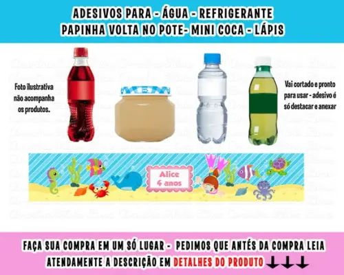 Adesivos Água, Refrigerante, Papinha, Fundo do Mar Menina
