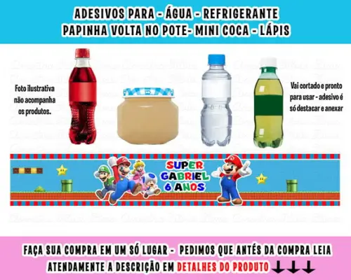 Adesivos Água, Refrigerante, Papinha, Caçulinha Super Mário