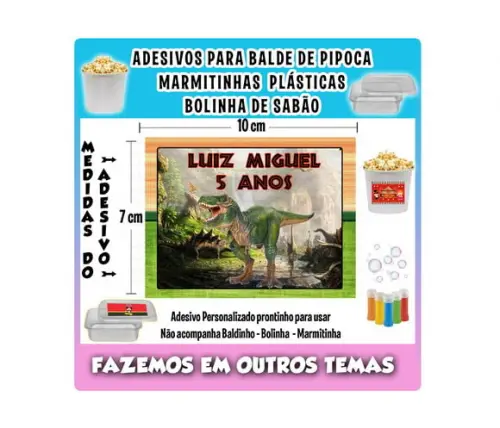 Adesivo Dinossauro Balde Pipoca Bolinha Sabão Marmitinhas