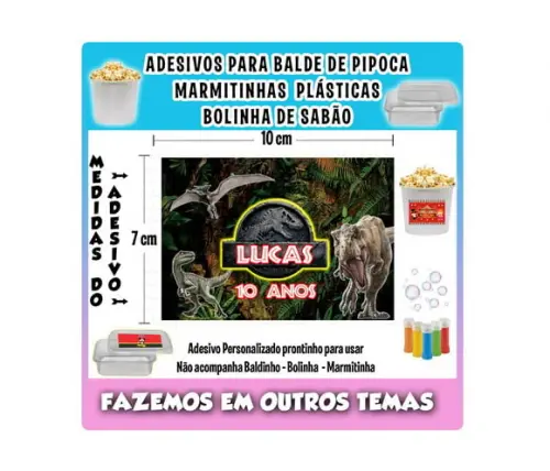 Adesivo Dinossauro Balde Pipoca Bolinha Sabão Marmitinhas