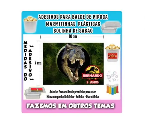Adesivo Dinossauro Balde Pipoca Bolinha Sabão Marmitinhas