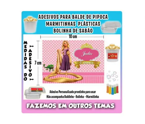 Adesivo Rapunzel Balde Pipoca Bolinha Sabão Marmitinhas