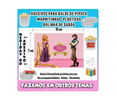 Adesivo Rapunzel Balde Pipoca Bolinha Sabão Marmitinhas