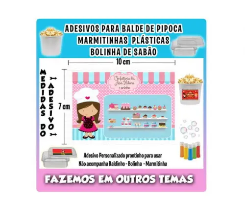Adesivo Balde Pipoca Bolinha Sabão Marmitinhas Confeitaria