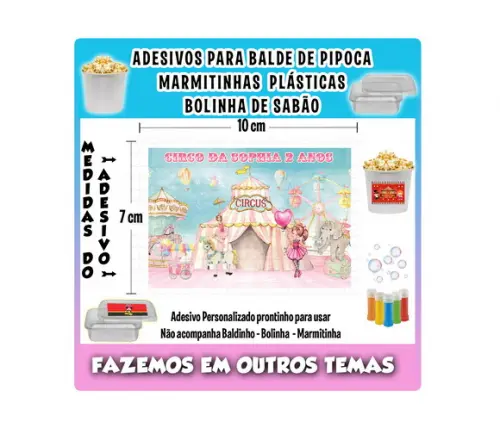 Adesivo Circo Aquarela Balde Pipoca Bolinha Sabão Marmitinha