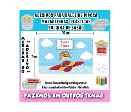 Adesivo Aviador Balde Pipoca Bolinha Sabão Marmitinhas