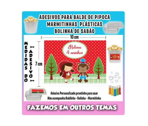 Adesivo Chapeuzinho Vermelho para Balde Pipoca Bolinha Sabão