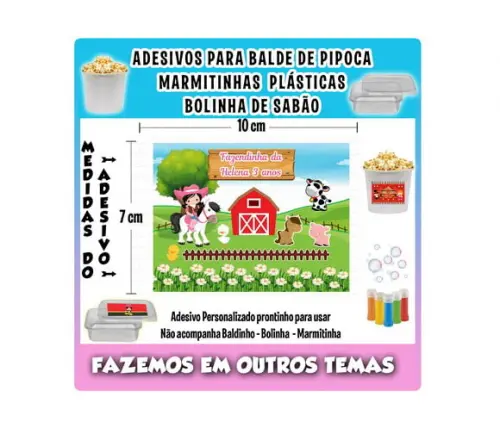 Adesivo para Balde de Pipoca, Bolinha Sabão Fazendinha Rosa