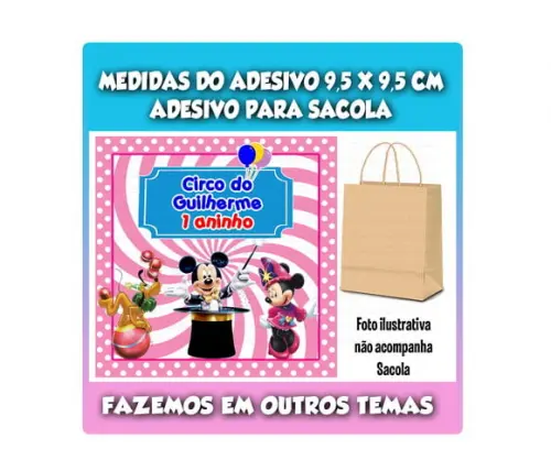 Adesivo Mickey Circo para Sacola Sacolinha Surpresa Kraft