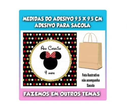 Adesivo para Sacola Sacolinha Surpresa Kraft Minnie Dourado
