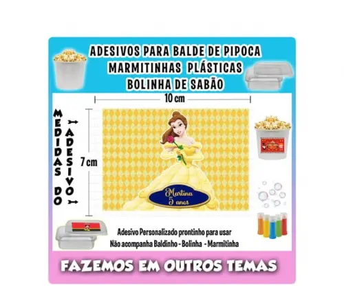 Adesivo a Bela e a Fera Balde Pipoca Bolinha Sabão Marmitas