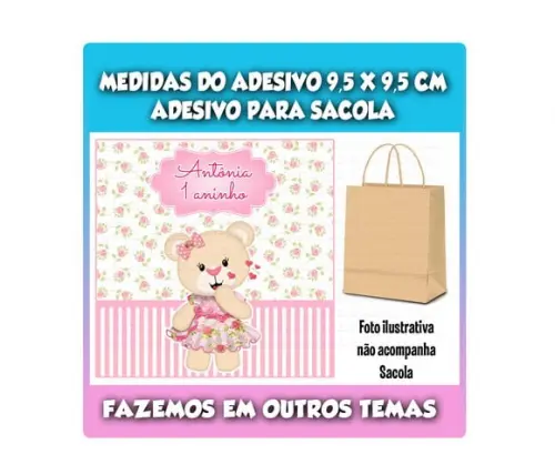 Adesivo Ursinha Princesa Sacola Sacolinha Surpresa Kraft