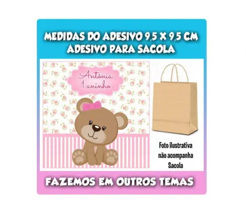 Adesivo Ursinha Princesa Sacola Sacolinha Surpresa Kraft