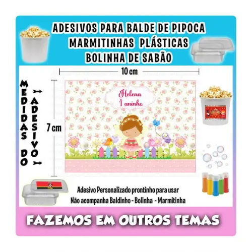 Adesivo Balde Pipoca, Bolinha Sabão Jardim Encantado Fada