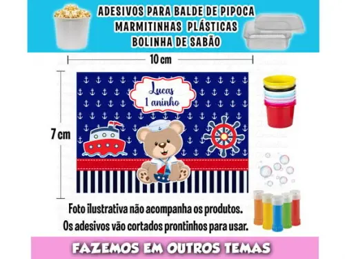 Adesivo Ursinho Marinheiro Balde Pipoca Bolinha Sabão