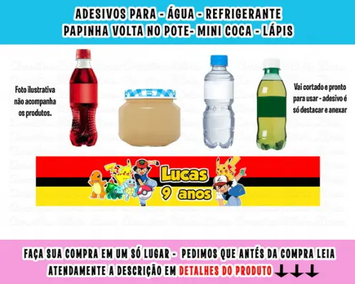 Adesivos Água, Refrigerante, Papinha, Caçulinha Pokémon