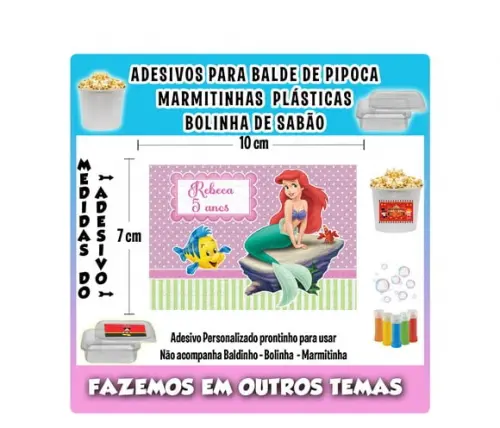 Adesivo Pequena Sereia Balde Pipoca Bolinha Sabão Marmitinha