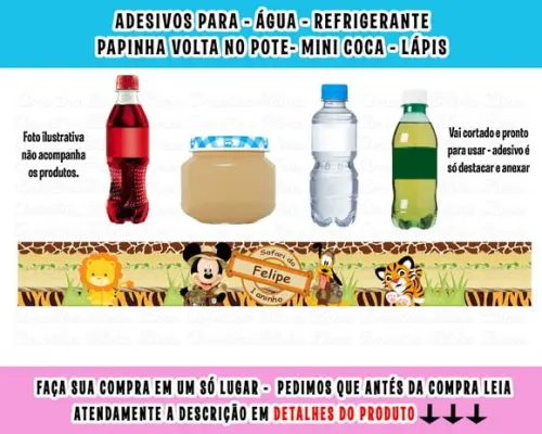 Adesivo Água, Refrigerante, Papinha, Caçulinha Mickey Safari