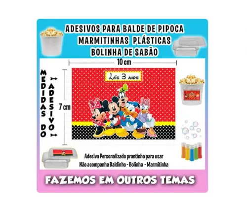 Rótulo Adesivo Balde de Pipoca Bolinha Sabão Turma do Mickey