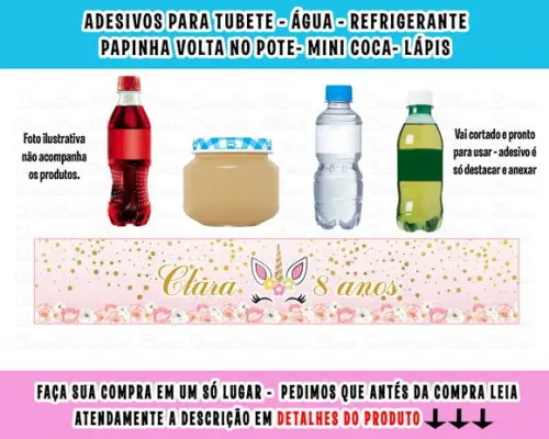Adesivos para Água Refrigerante Papinha Unicórnio Dourado