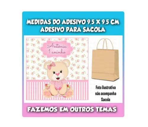 Adesivo Ursinha Rosa para Sacolinha Surpresa
