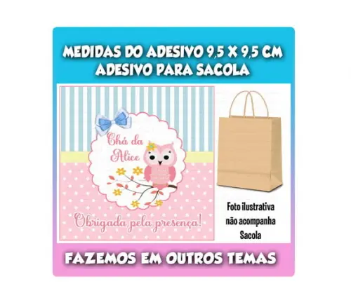Adesivo Sacolinha Sacola Surpresa Kraft Coruja Chá de Bebê