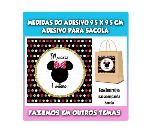 Adesivo para Sacola Sacolinha Surpresa Kraft Minnie Dourado