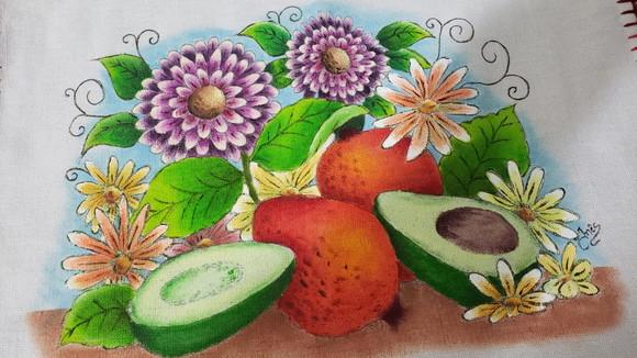 Pano de prato flores, româ, abacate (pintado a mão)