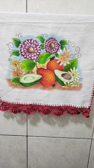 Pano de prato flores, româ, abacate (pintado a mão)