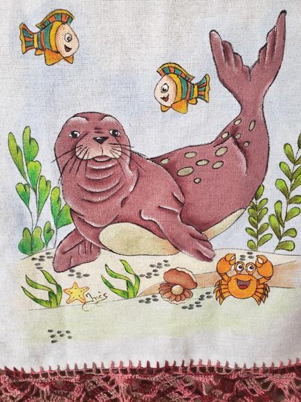 PANO DE PRATO, foca, pintado a mão