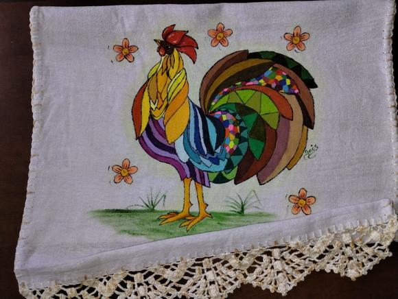 Pano de Prato, Galo, Pintado a Mão