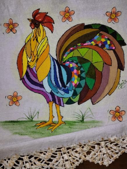 Pano de Prato, Galo, Pintado a Mão
