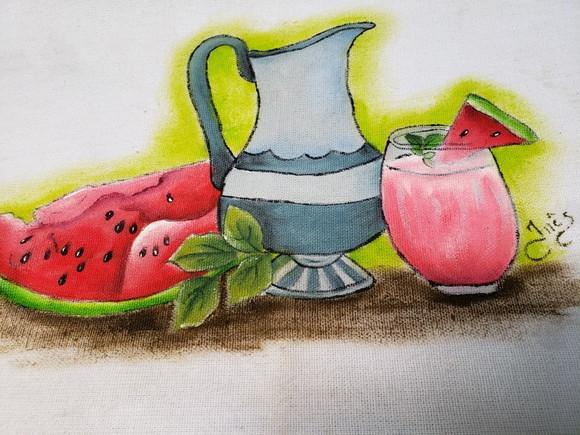PANO DE PRATO, jarra, melancia e copo com suco