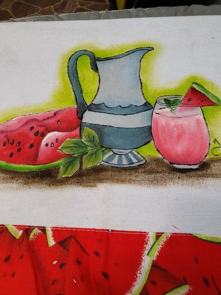 PANO DE PRATO, jarra, melancia e copo com suco