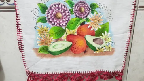 Pano de prato flores, româ, abacate (pintado a mão)