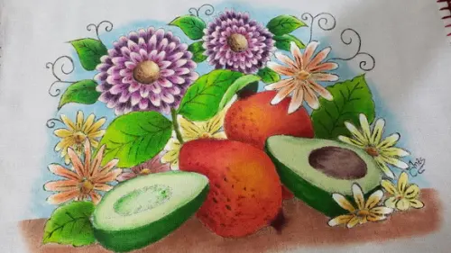 Pano de prato flores, româ, abacate (pintado a mão)